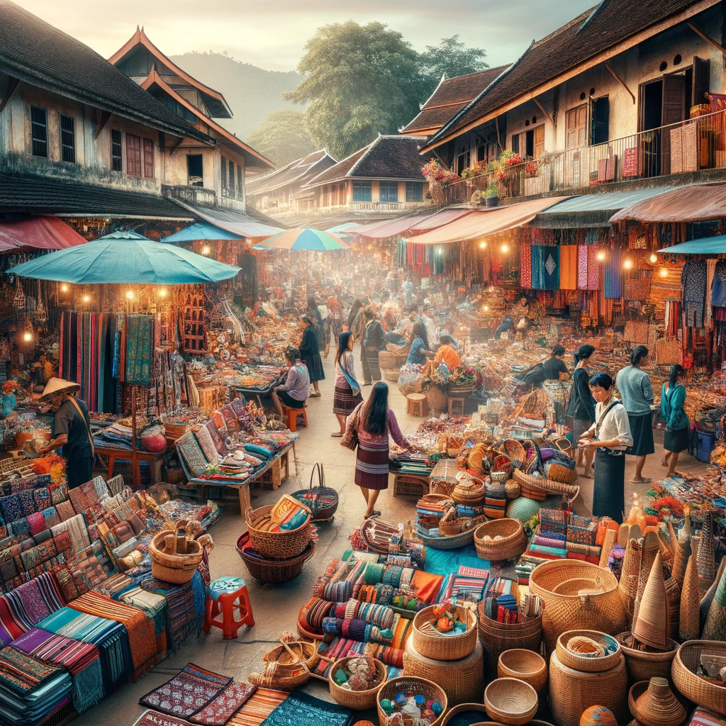 A bustling local market in Vang Vieng, Laos, with a vibrant display of local crafts and textiles. The market is lively and colorful, filled with stall
