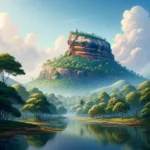 A serene and realistic illustration of the ancient Sigiriya rock fortress in Sri Lanka, surrounded by lush greenery under a clear blue sky, in a style