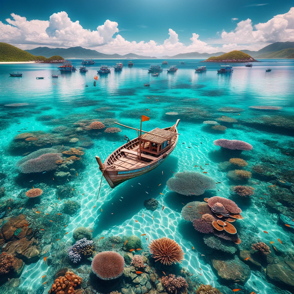 a-traditional-vietnamese-boat-floating-in-the-crystal-clear-waters-of