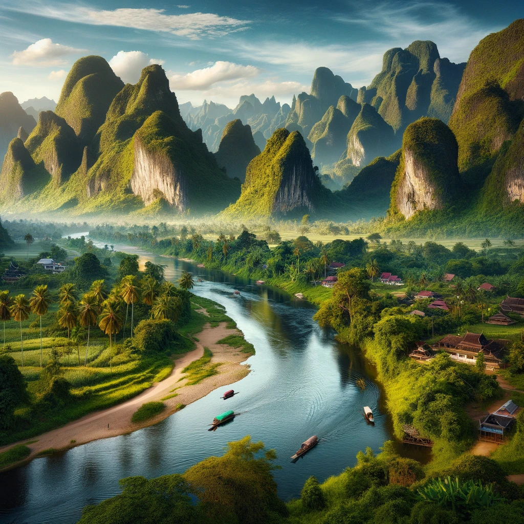 A scenic view of Vang Vieng, Laos, showcasing its stunning natural landscape. The image features lush greenery, rolling hills, and striking limestone
