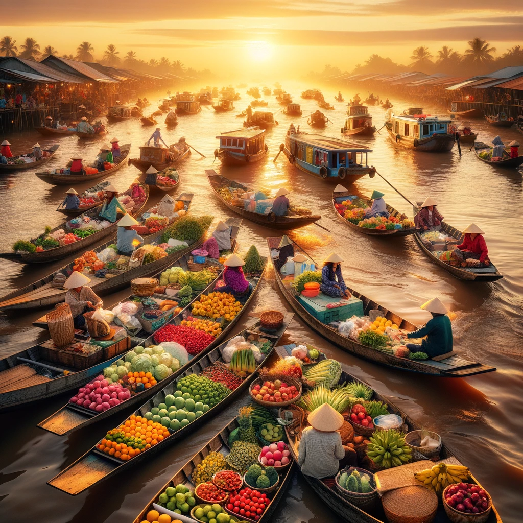 A vibrant scene at the Cai Rang floating market in the Mekong Delta, Vietnam, during sunrise. The water is bustling with wooden boats, each filled wit
